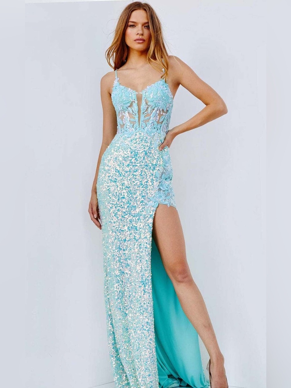 NWT Jovani 24299 Aqua Sequin Lace Prom Pageant Evening Gown Size 8